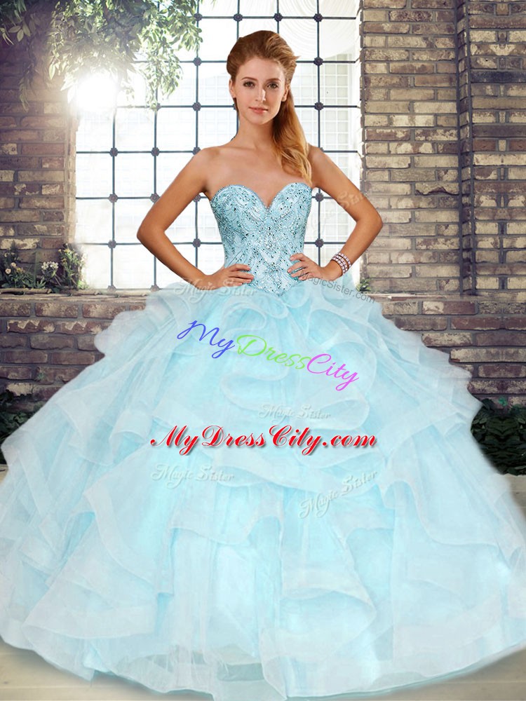 Classical Sweetheart Sleeveless Quinceanera Gowns Floor Length Beading and Ruffles Light Blue Tulle