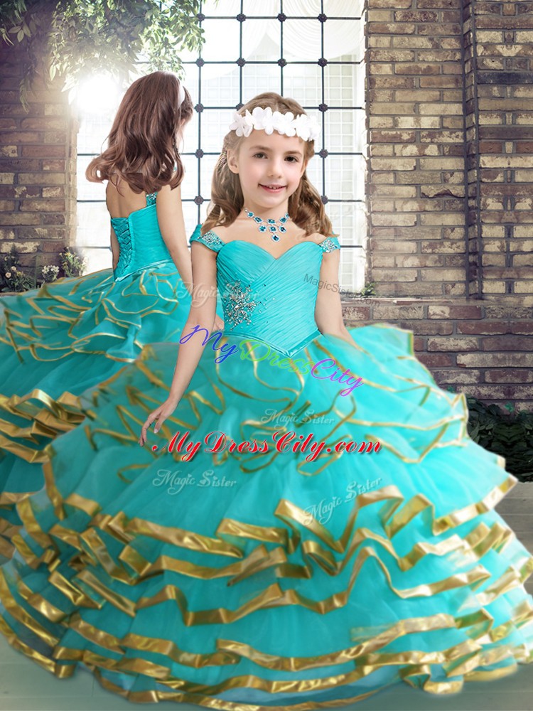 Exquisite Sleeveless Lace Up Floor Length Beading and Ruching Little Girls Pageant Dress