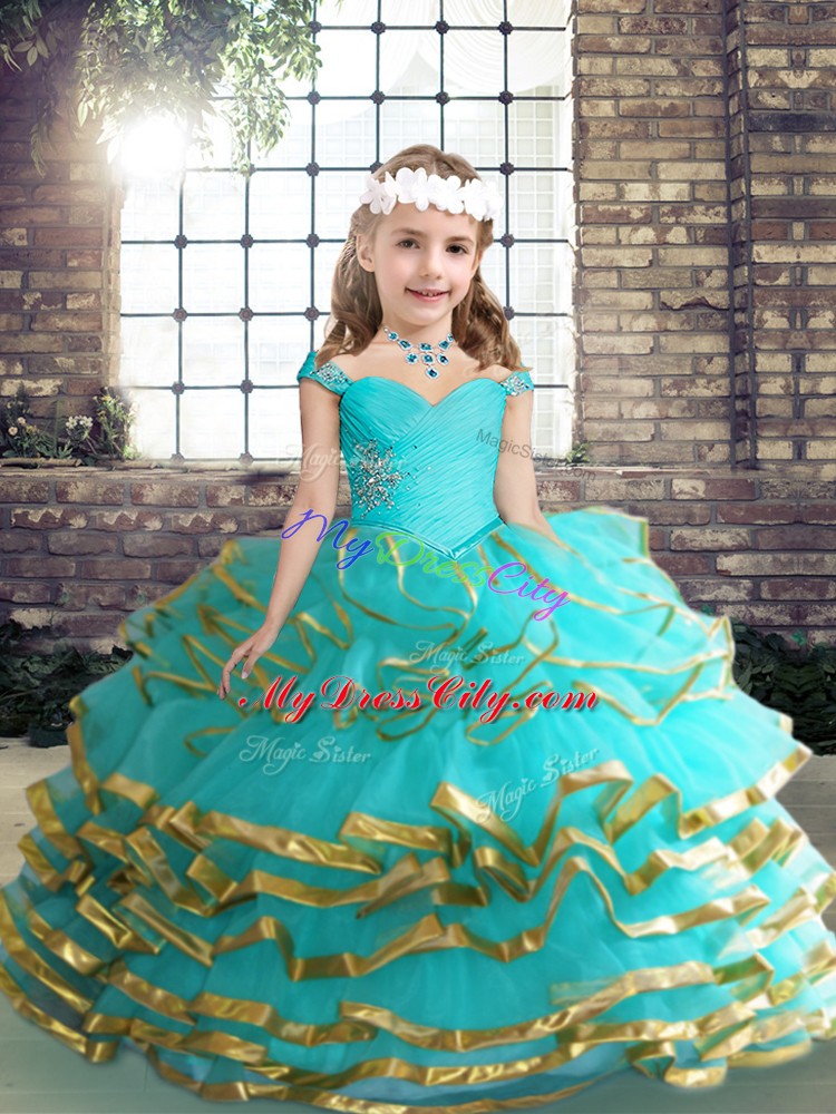 Exquisite Sleeveless Lace Up Floor Length Beading and Ruching Little Girls Pageant Dress