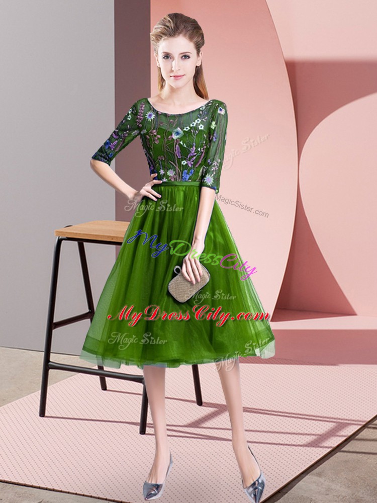 Perfect Green Bridesmaid Dresses Wedding Party with Embroidery Scoop Half Sleeves Lace Up