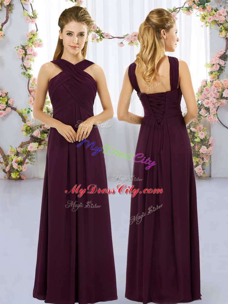 High Quality Burgundy Lace Up Wedding Party Dress Ruching Sleeveless Floor Length