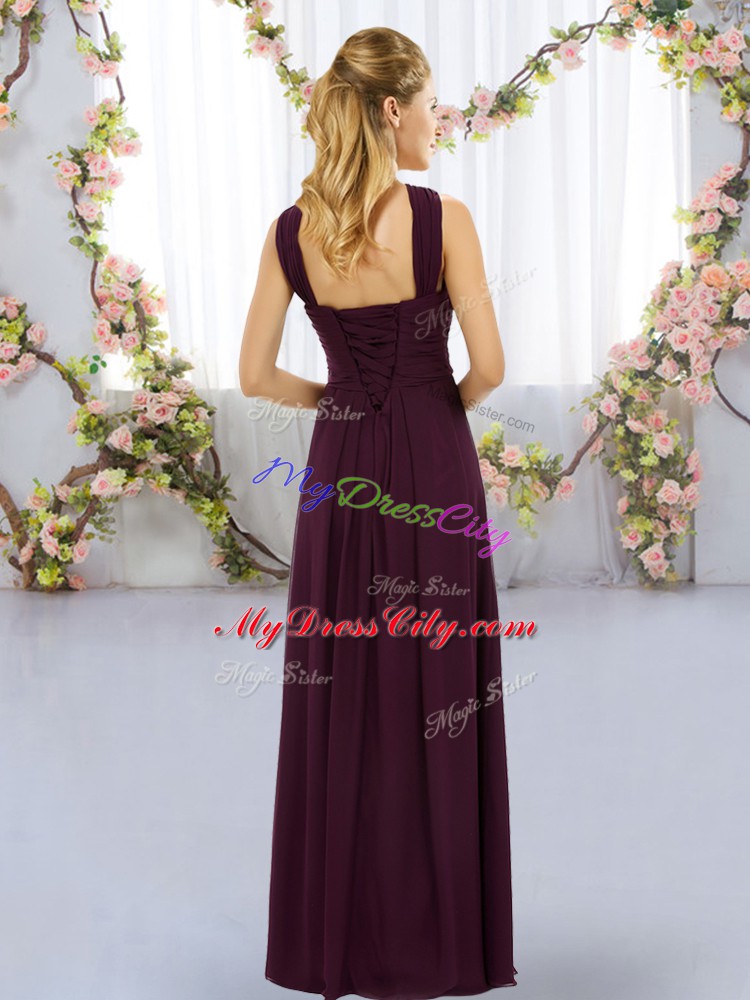 High Quality Burgundy Lace Up Wedding Party Dress Ruching Sleeveless Floor Length