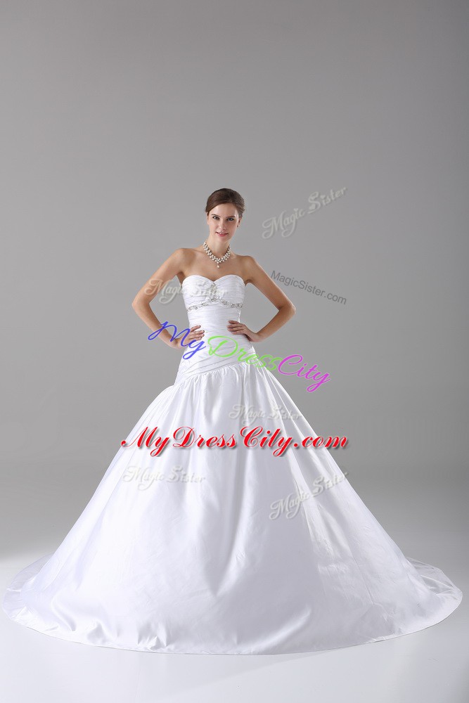 Taffeta Sweetheart Sleeveless Brush Train Lace Up Beading Wedding Dress in White