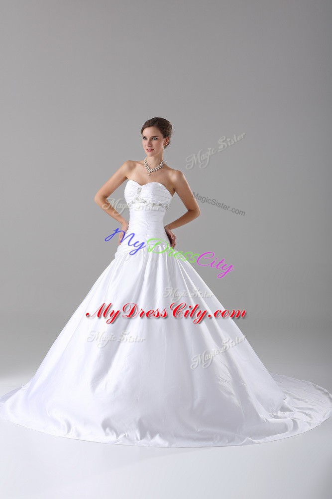 Taffeta Sweetheart Sleeveless Brush Train Lace Up Beading Wedding Dress in White