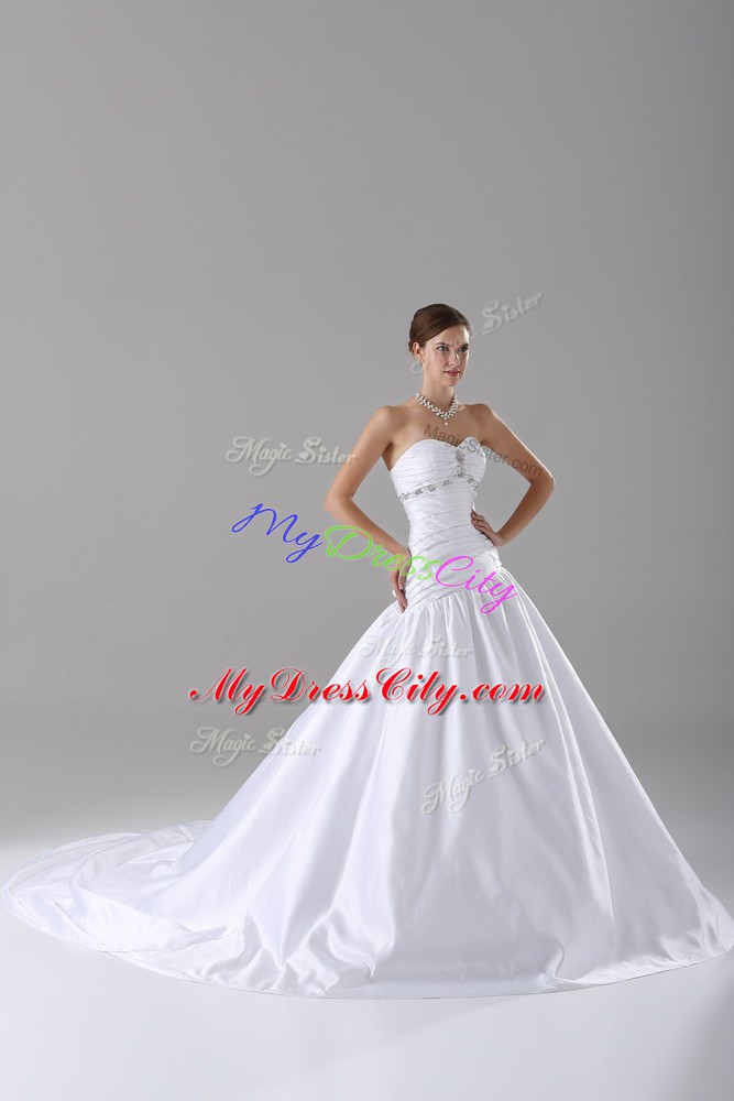 Taffeta Sweetheart Sleeveless Brush Train Lace Up Beading Wedding Dress in White