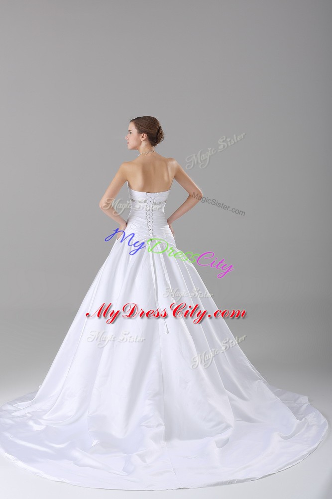 Taffeta Sweetheart Sleeveless Brush Train Lace Up Beading Wedding Dress in White