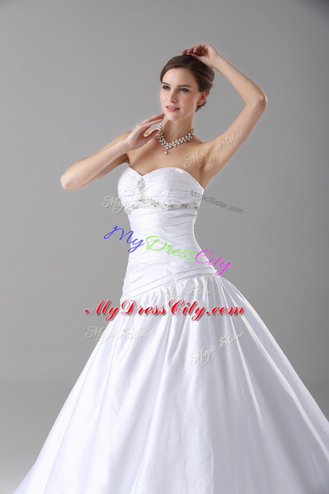 Taffeta Sweetheart Sleeveless Brush Train Lace Up Beading Wedding Dress in White