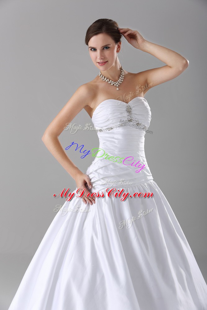 Taffeta Sweetheart Sleeveless Brush Train Lace Up Beading Wedding Dress in White