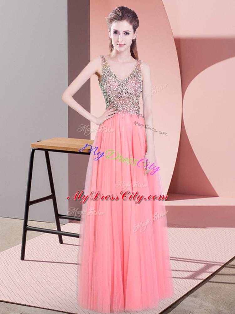 V-neck Sleeveless Zipper Prom Party Dress Watermelon Red Tulle