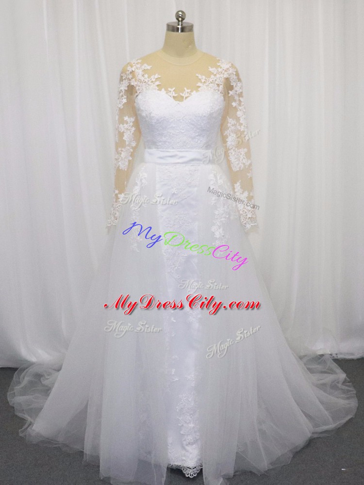 Extravagant White Tulle Clasp Handle Scoop Long Sleeves Wedding Dress Court Train Lace and Belt