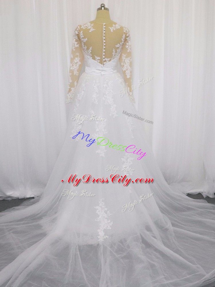 Extravagant White Tulle Clasp Handle Scoop Long Sleeves Wedding Dress Court Train Lace and Belt