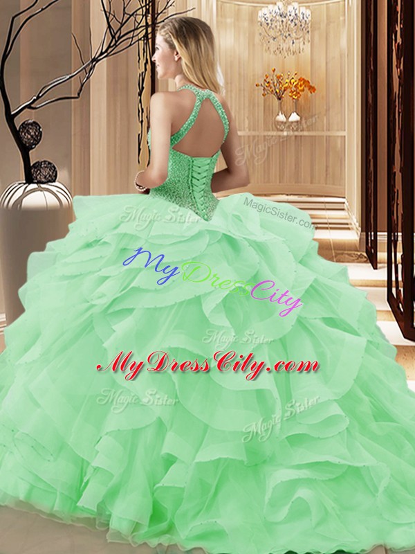 Lace Up 15th Birthday Dress Apple Green for Sweet 16 and Quinceanera with Beading and Ruffles Brush Train