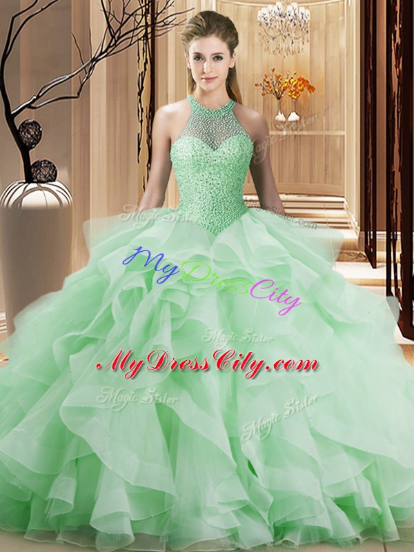 Lace Up 15th Birthday Dress Apple Green for Sweet 16 and Quinceanera with Beading and Ruffles Brush Train