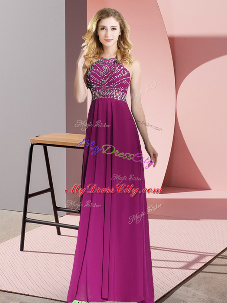 Hot Selling Scoop Sleeveless Backless Prom Gown Fuchsia Chiffon