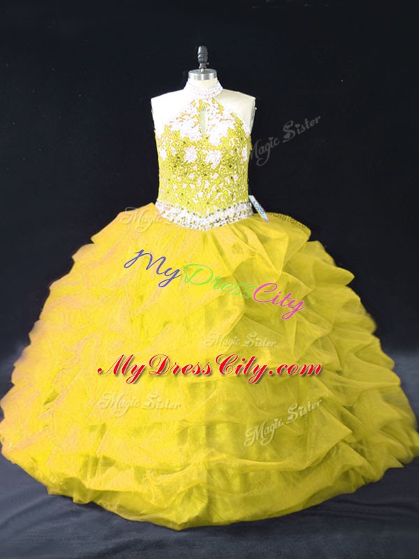 Inexpensive Gold Ball Gowns Appliques and Pick Ups Quinceanera Dress Backless Organza Sleeveless Floor Length