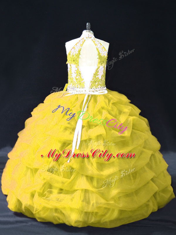 Inexpensive Gold Ball Gowns Appliques and Pick Ups Quinceanera Dress Backless Organza Sleeveless Floor Length