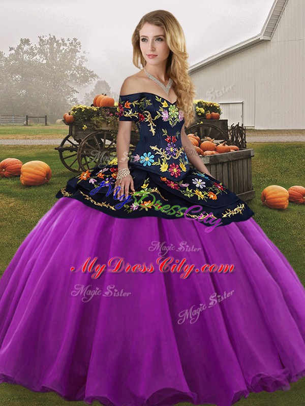 Black And Purple Ball Gowns Embroidery Sweet 16 Quinceanera Dress Lace Up Tulle Sleeveless Floor Length