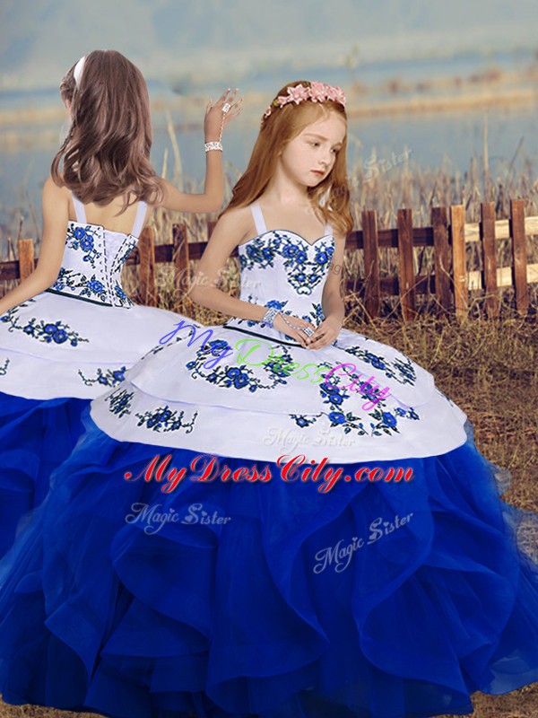 Royal Blue Organza Backless Pageant Dress for Teens Sleeveless Floor Length Embroidery and Ruffles