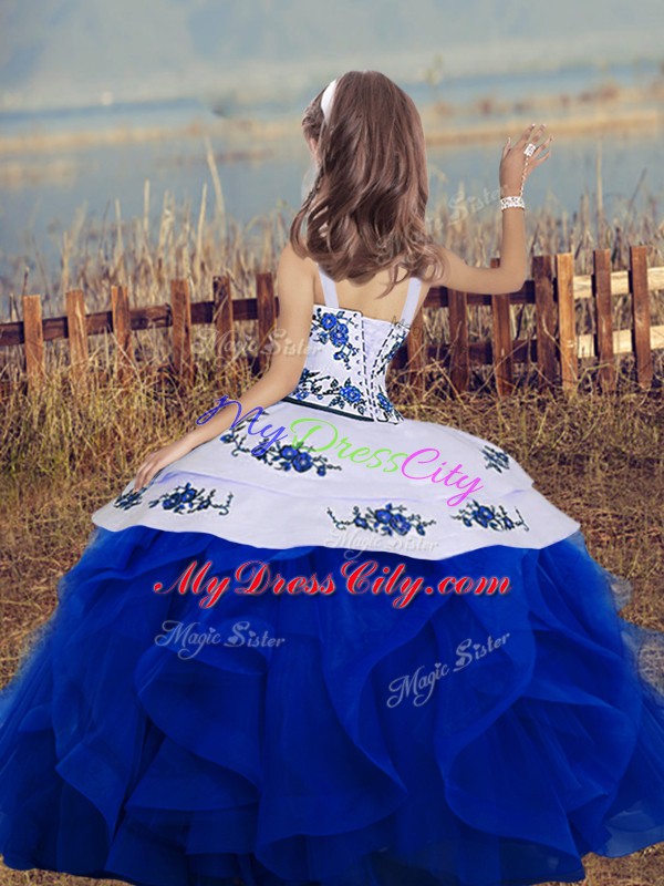 Royal Blue Organza Backless Pageant Dress for Teens Sleeveless Floor Length Embroidery and Ruffles