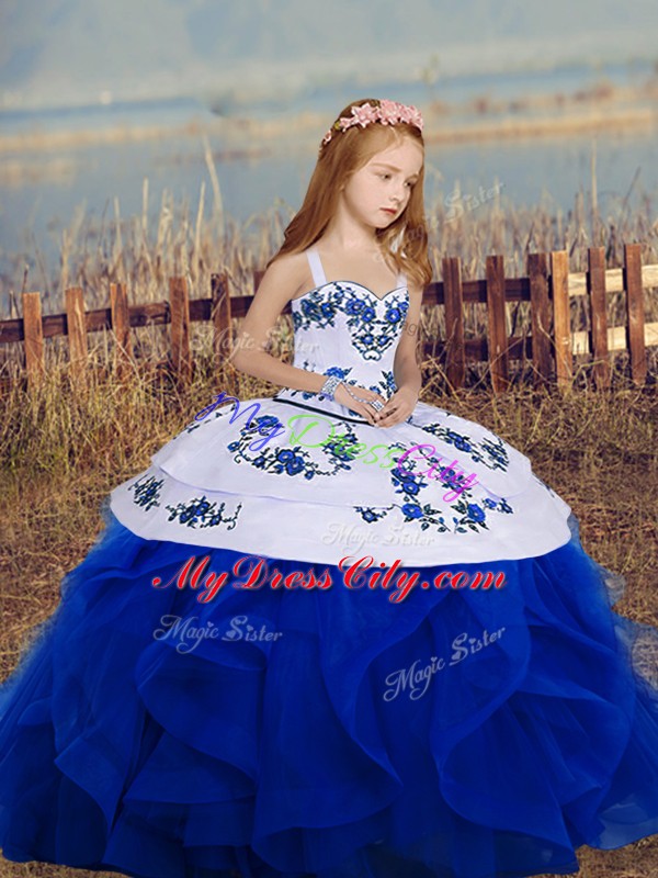 Royal Blue Organza Backless Pageant Dress for Teens Sleeveless Floor Length Embroidery and Ruffles