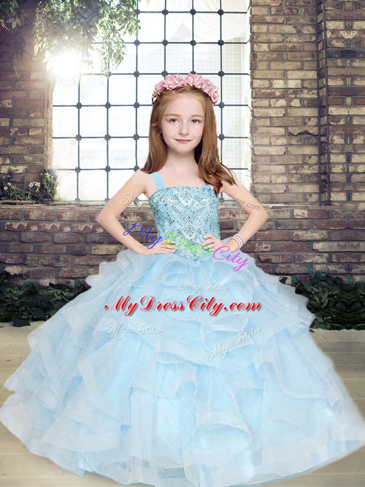 Hot Sale Light Blue Ball Gowns Straps Sleeveless Tulle Floor Length Lace Up Beading and Ruffles Pageant Dress for Teens