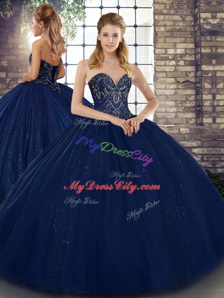 Amazing Navy Blue Sleeveless Beading Floor Length Sweet 16 Quinceanera Dress