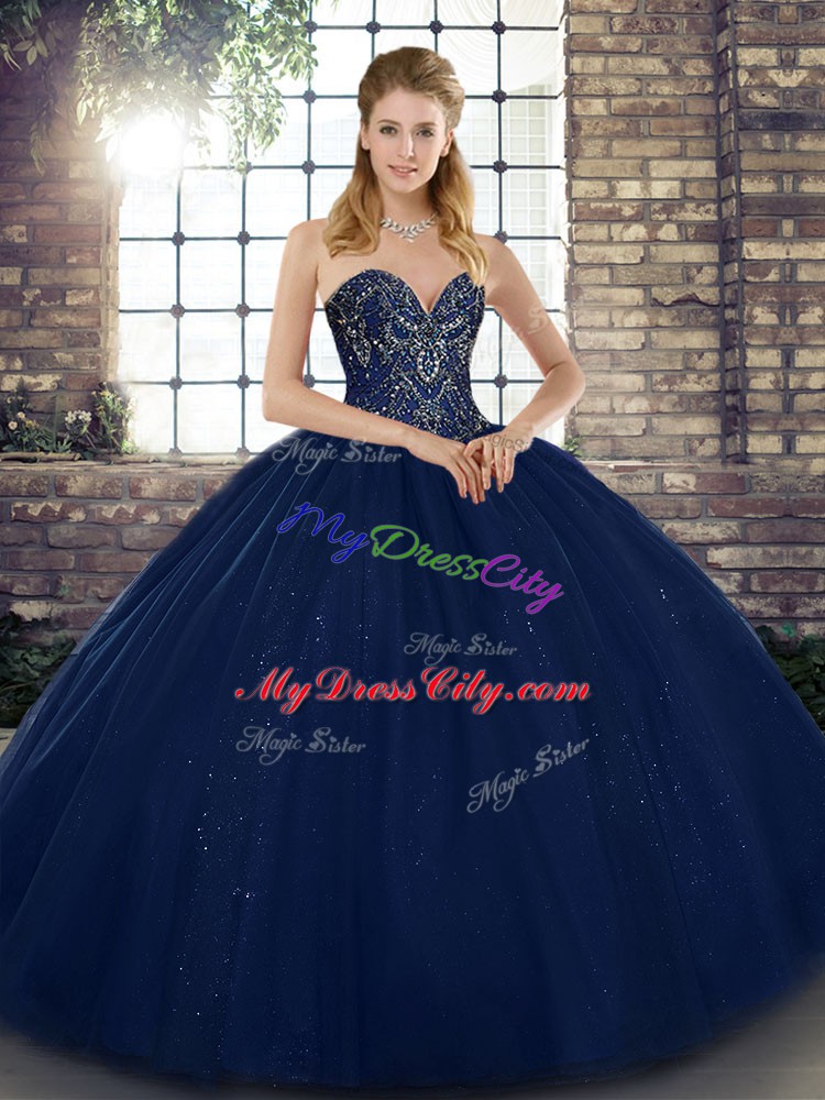 Amazing Navy Blue Sleeveless Beading Floor Length Sweet 16 Quinceanera Dress