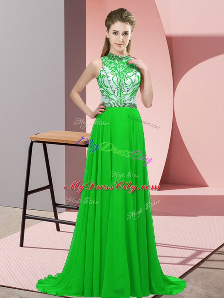 Halter Top Sleeveless Cocktail Dresses Brush Train Beading Green Chiffon