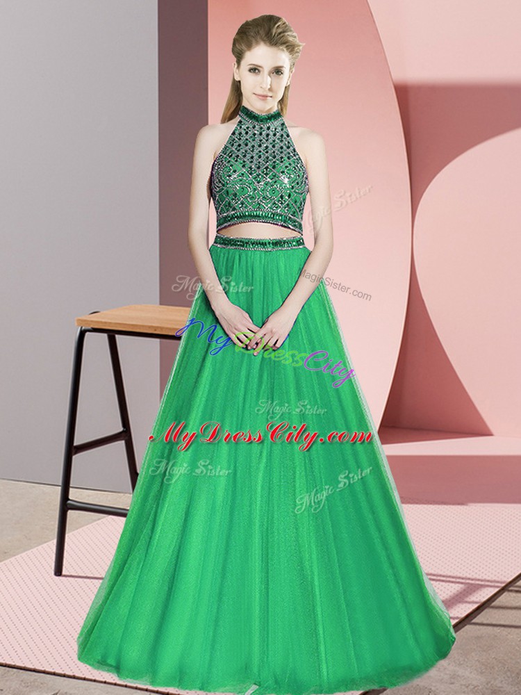 Customized Green Sleeveless Floor Length Beading Lace Up Dress for Prom