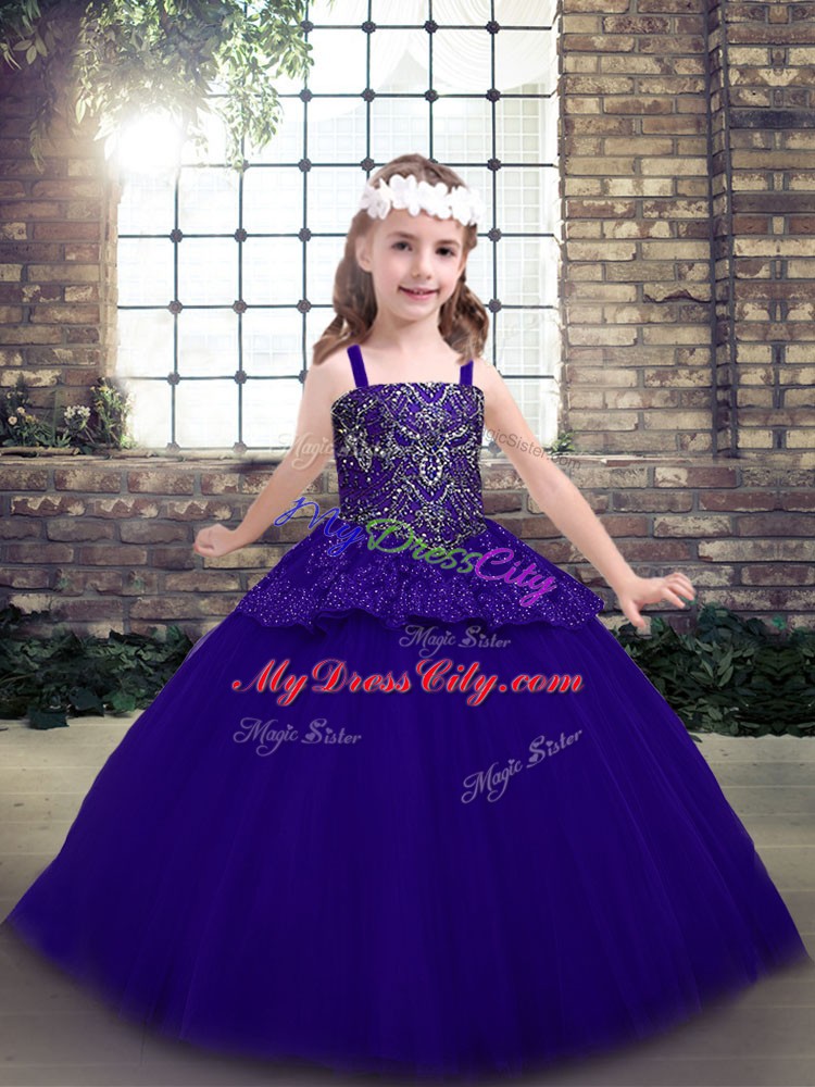 New Arrival Sleeveless Floor Length Beading Lace Up Pageant Dress Toddler with Purple