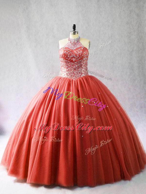 Red Quinceanera Gown Sweet 16 and Quinceanera with Beading Halter Top Sleeveless Brush Train Lace Up