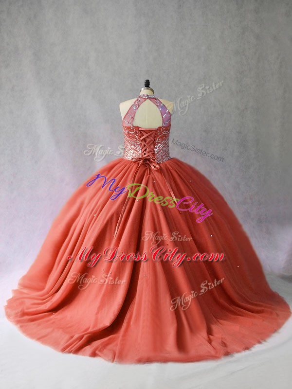 Red Quinceanera Gown Sweet 16 and Quinceanera with Beading Halter Top Sleeveless Brush Train Lace Up