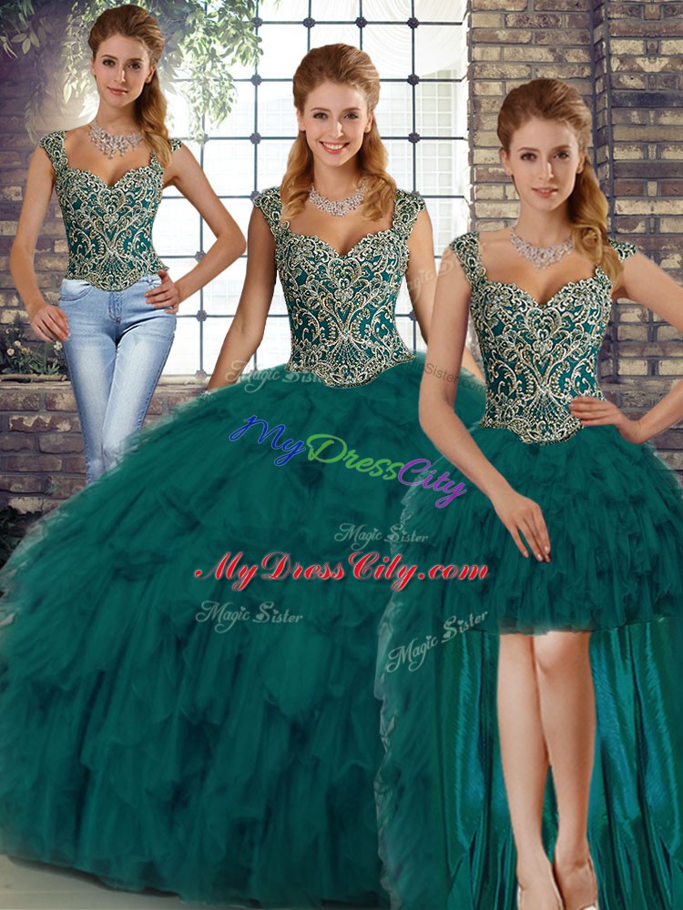 Straps Sleeveless Sweet 16 Dresses Floor Length Beading and Ruffles Peacock Green Organza