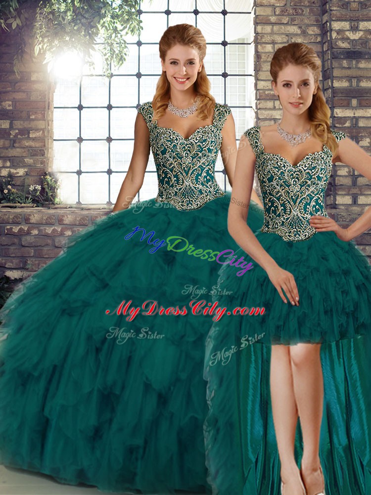 Straps Sleeveless Sweet 16 Dresses Floor Length Beading and Ruffles Peacock Green Organza