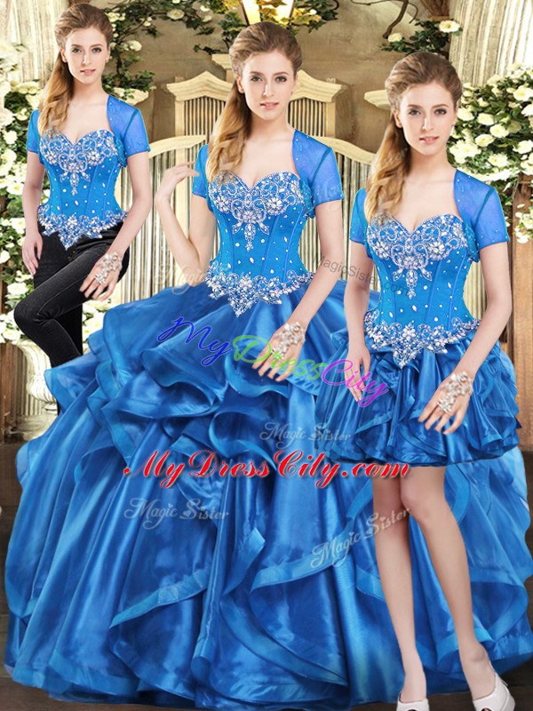 Custom Designed Blue Organza Lace Up 15th Birthday Dress Sleeveless Floor Length Beading and Ruffles