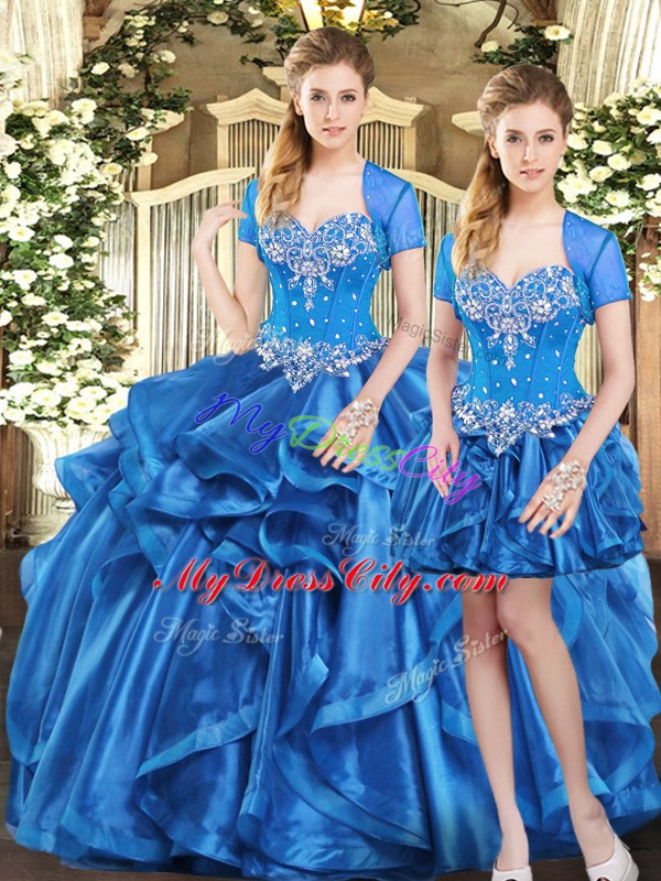 Custom Designed Blue Organza Lace Up 15th Birthday Dress Sleeveless Floor Length Beading and Ruffles