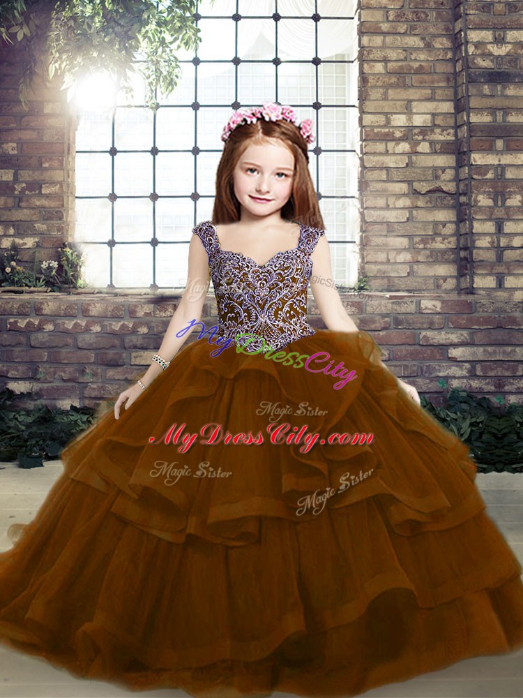 Glorious Brown Lace Up Kids Formal Wear Beading Sleeveless