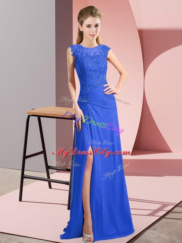 Blue Prom Party Dress Prom and Party and Military Ball with Lace and Appliques Scoop Sleeveless Zipper