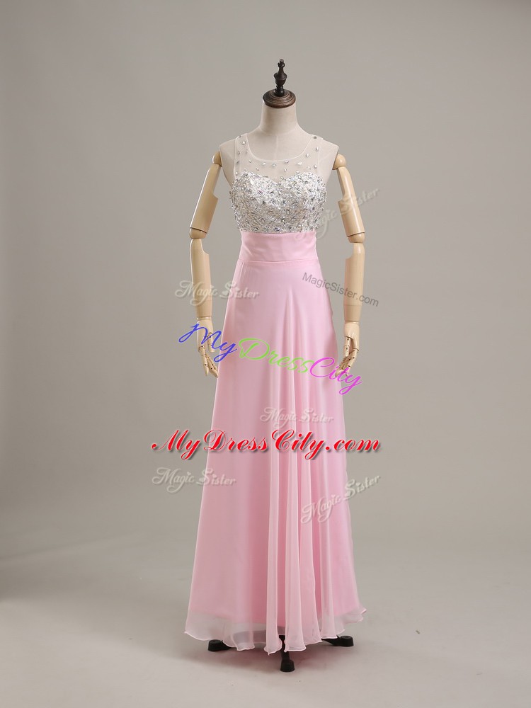 New Arrival Scoop Sleeveless Prom Evening Gown Floor Length Beading Baby Pink Chiffon