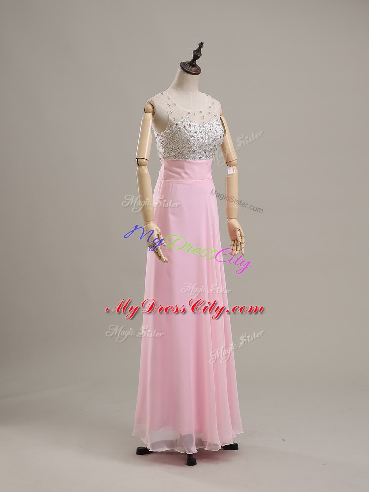 New Arrival Scoop Sleeveless Prom Evening Gown Floor Length Beading Baby Pink Chiffon