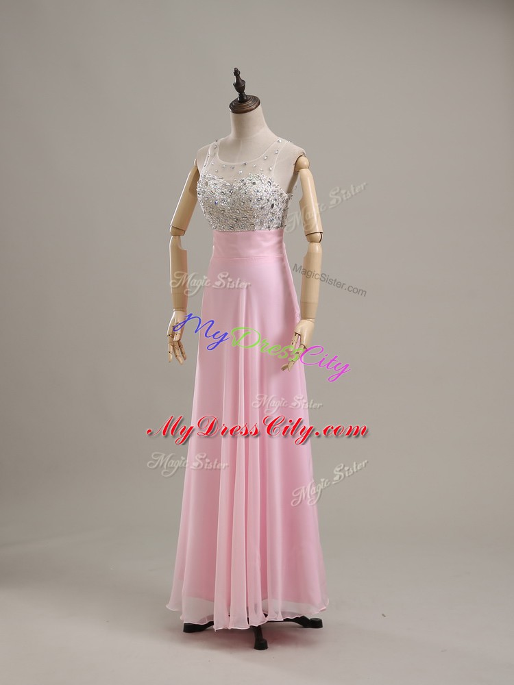 New Arrival Scoop Sleeveless Prom Evening Gown Floor Length Beading Baby Pink Chiffon