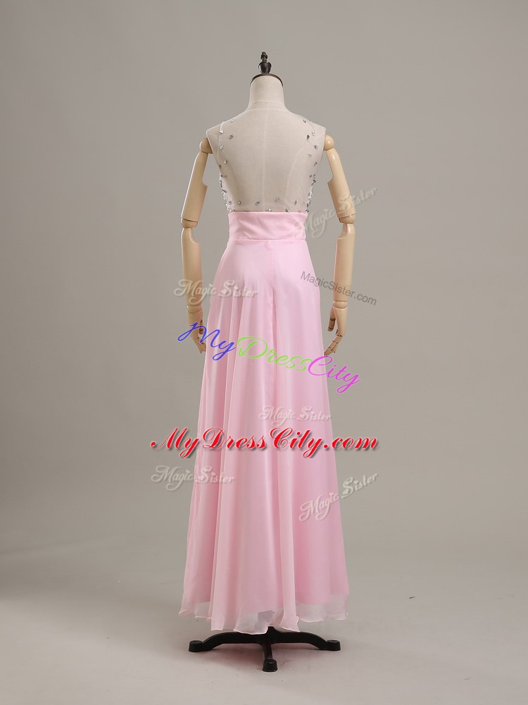 New Arrival Scoop Sleeveless Prom Evening Gown Floor Length Beading Baby Pink Chiffon