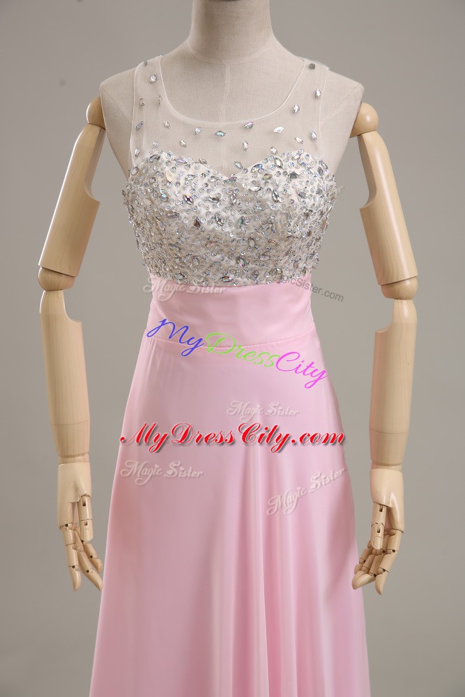 New Arrival Scoop Sleeveless Prom Evening Gown Floor Length Beading Baby Pink Chiffon