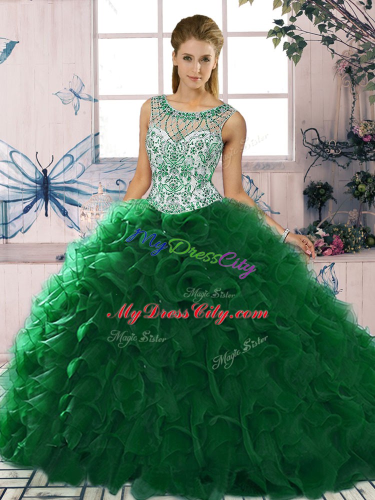 Romantic Scoop Sleeveless Organza 15 Quinceanera Dress Beading and Ruffles Lace Up