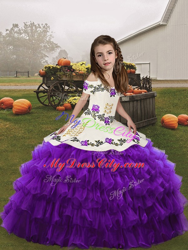 Eggplant Purple Lace Up Straps Embroidery and Ruffled Layers Pageant Dresses Organza Sleeveless