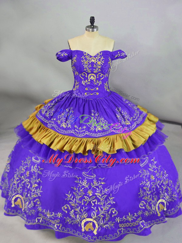 Purple Lace Up Off The Shoulder Embroidery Quince Ball Gowns Satin Sleeveless