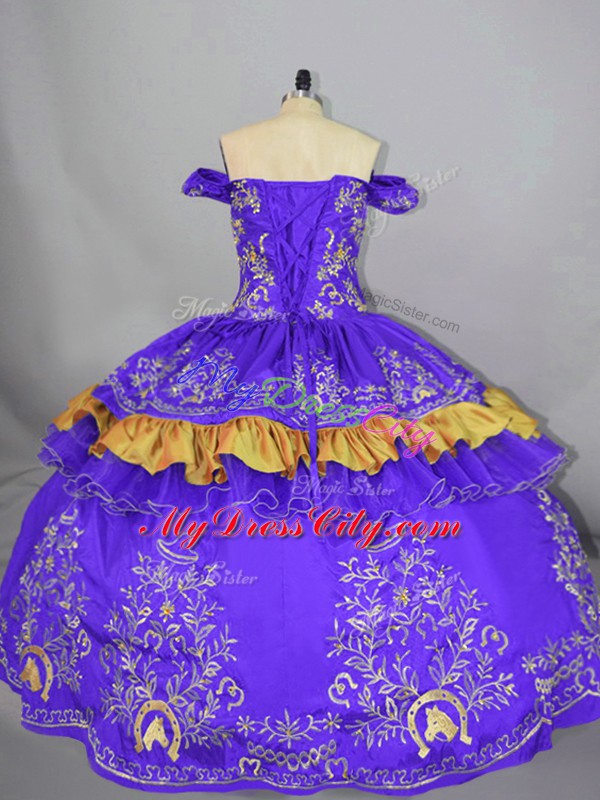 Purple Lace Up Off The Shoulder Embroidery Quince Ball Gowns Satin Sleeveless