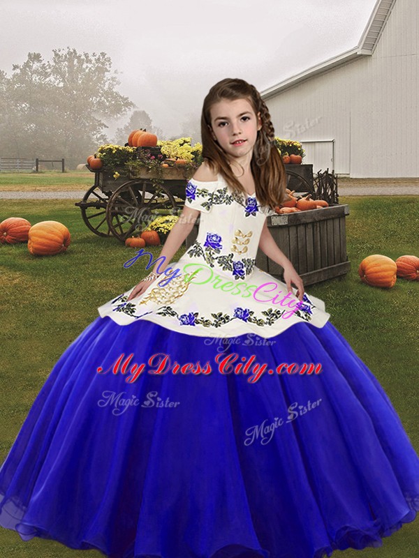 Ball Gowns Little Girls Pageant Dress Royal Blue Straps Organza Sleeveless Floor Length Lace Up