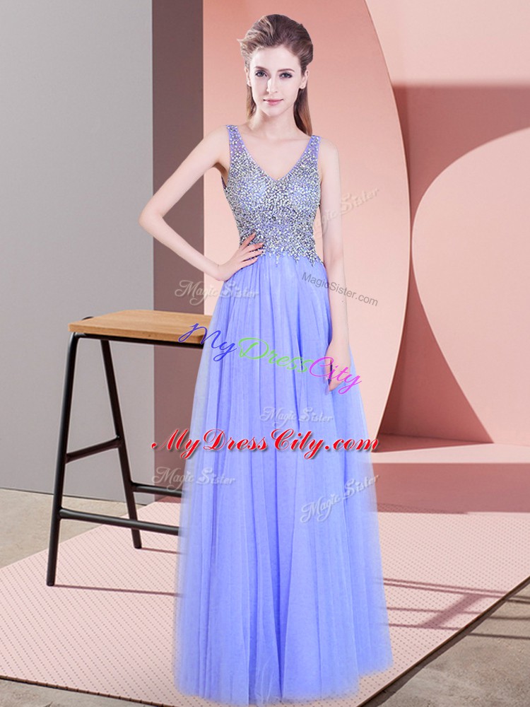 Colorful Lavender Womens Evening Dresses Prom and Party with Beading V-neck Sleeveless Zipper