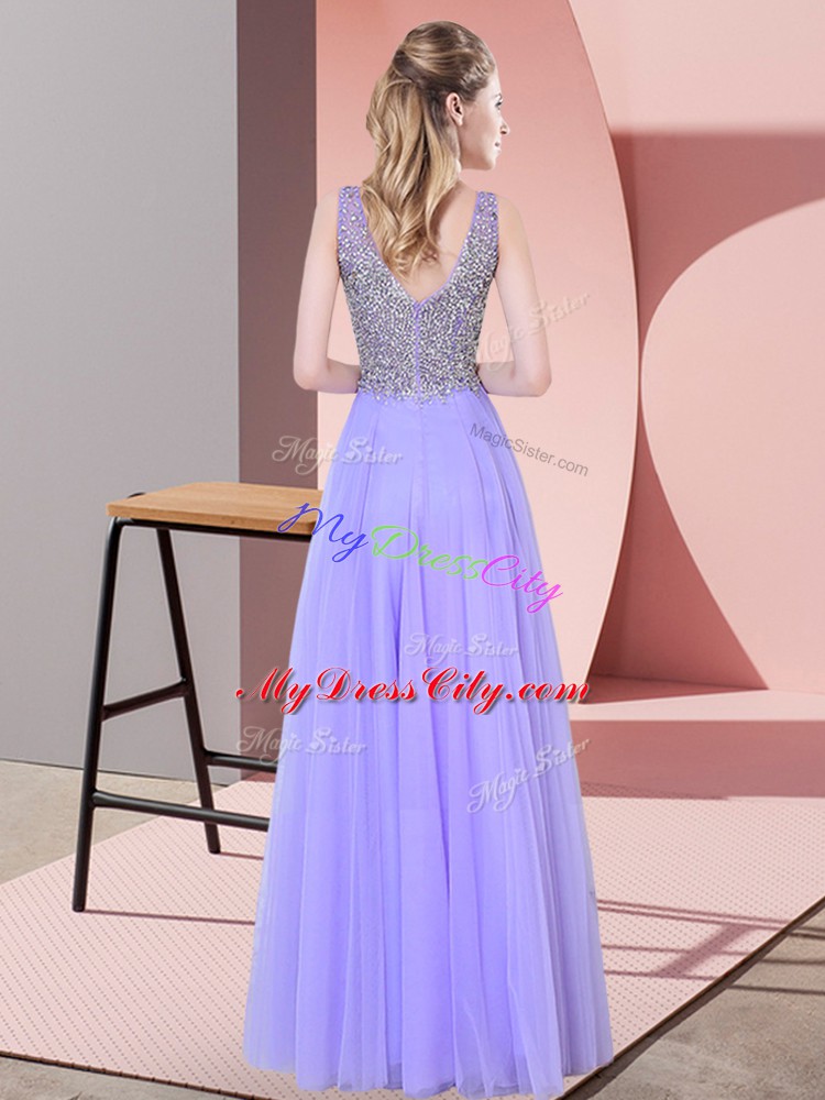 Colorful Lavender Womens Evening Dresses Prom and Party with Beading V-neck Sleeveless Zipper